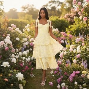 Lulus Glamorous Sweetie Yellow Burnout Tie-Strap Bustier MIDI Dress Size XL  NEW